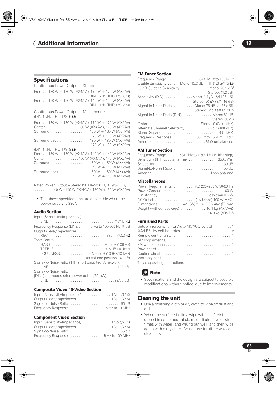 Additional information 12, Specifications, Cleaning the unit | Pioneer 7.1 VSX-AX2AV-S User Manual | Page 85 / 88