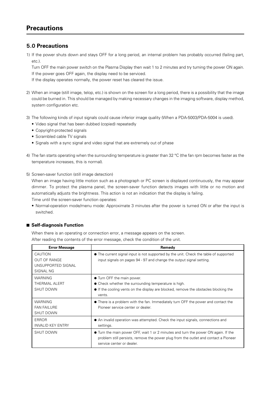 Precautions, 22 5.0 precautions | Pioneer Plasma Display Panel PDP-425CMX User Manual | Page 22 / 24