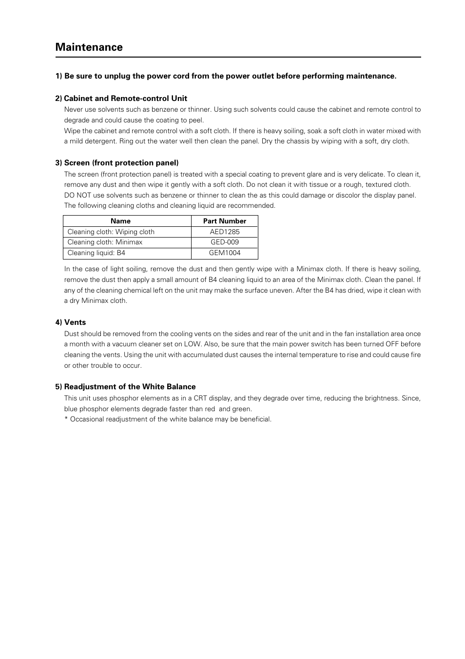 Maintenance | Pioneer Plasma Display Panel PDP-425CMX User Manual | Page 23 / 24