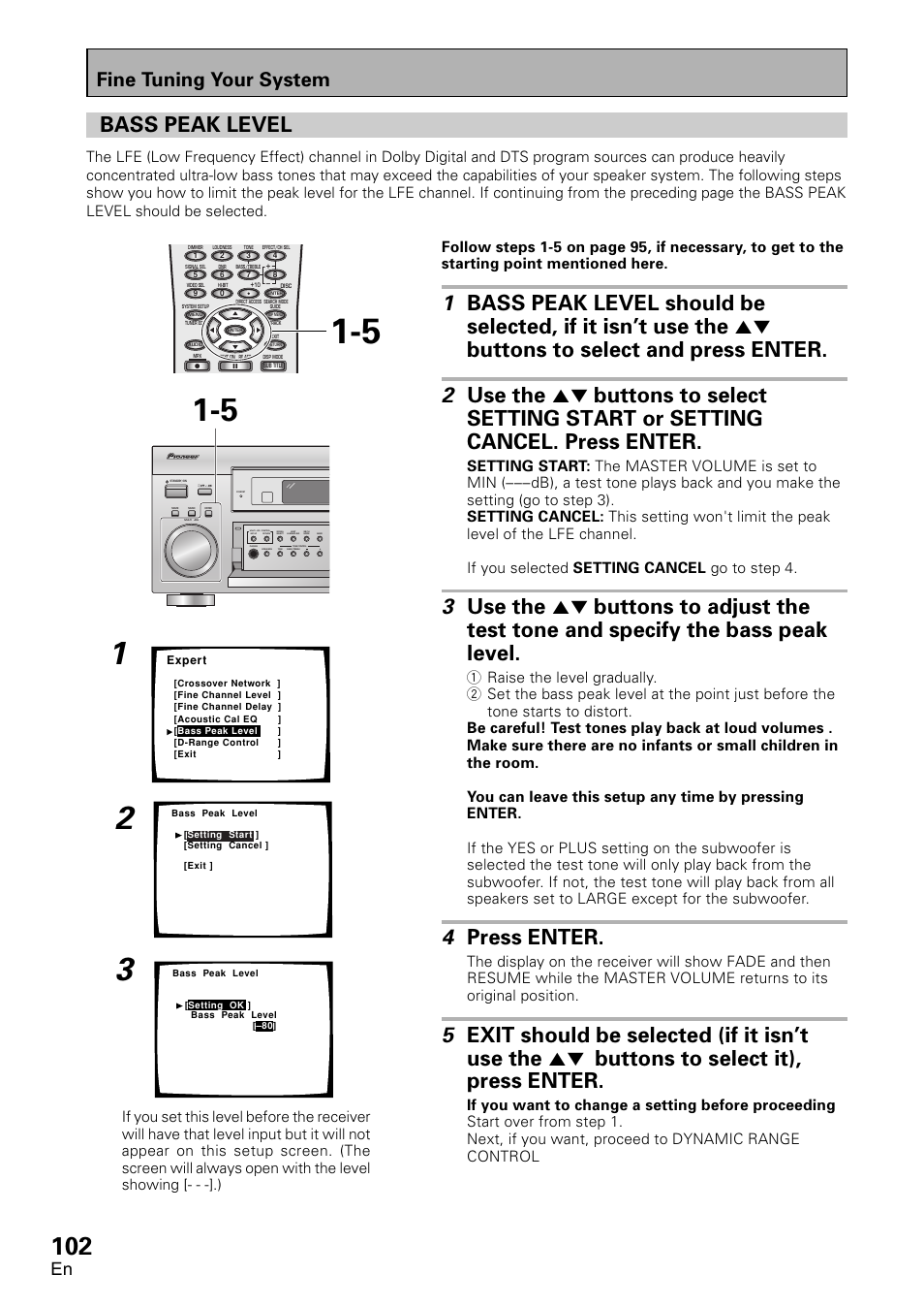 Bass peak level, 4 press enter, Fine tuning your system | Pioneer VSX-D2011-G User Manual | Page 102 / 120