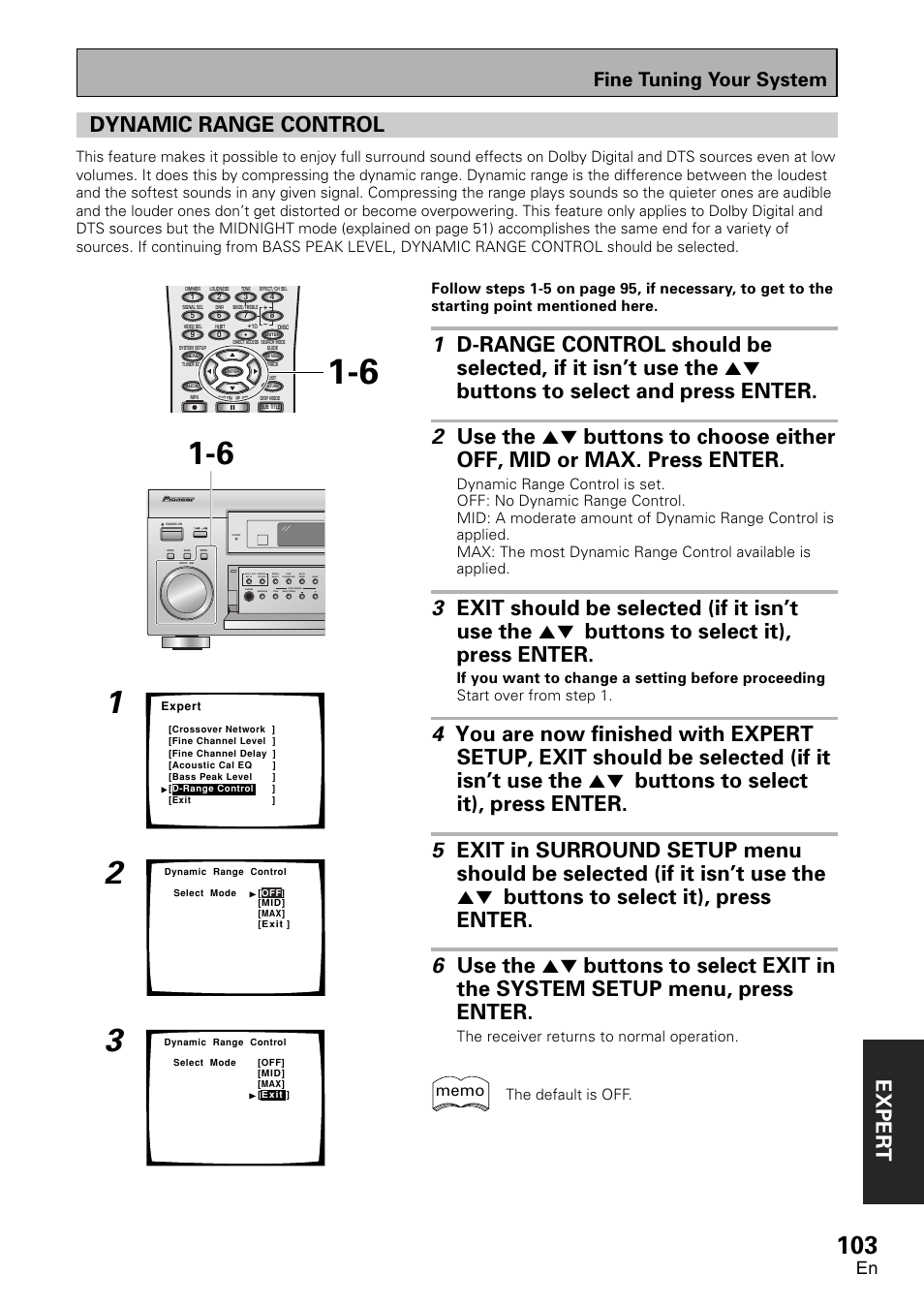 Dynamic range control, Exper t, Fine tuning your system | Pioneer VSX-D2011-G User Manual | Page 103 / 120