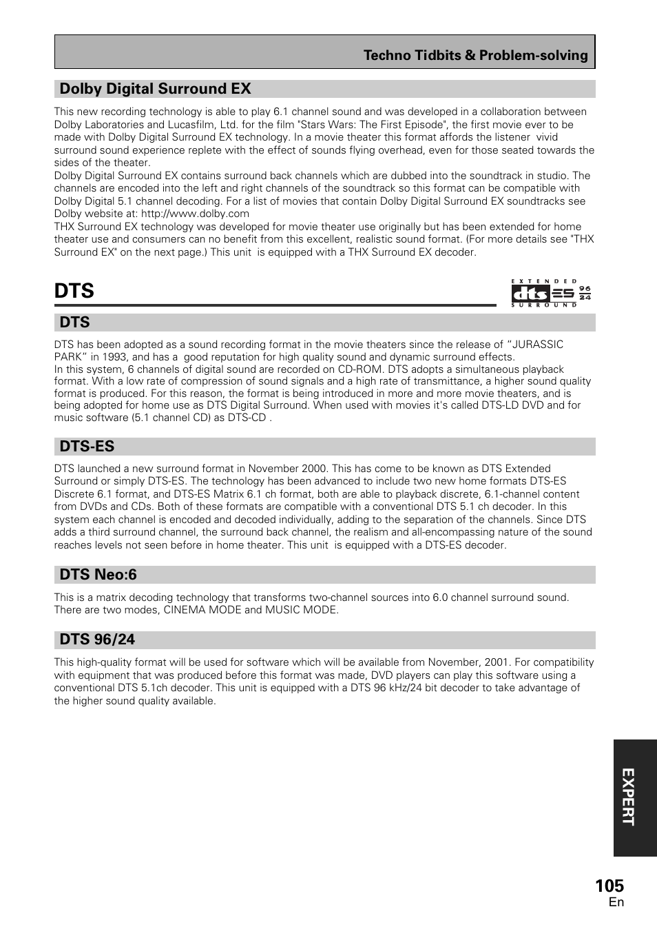 Dolby digital surround ex, Dts-es, Dts neo:6 dts 96/24 | Pioneer VSX-D2011-G User Manual | Page 105 / 120