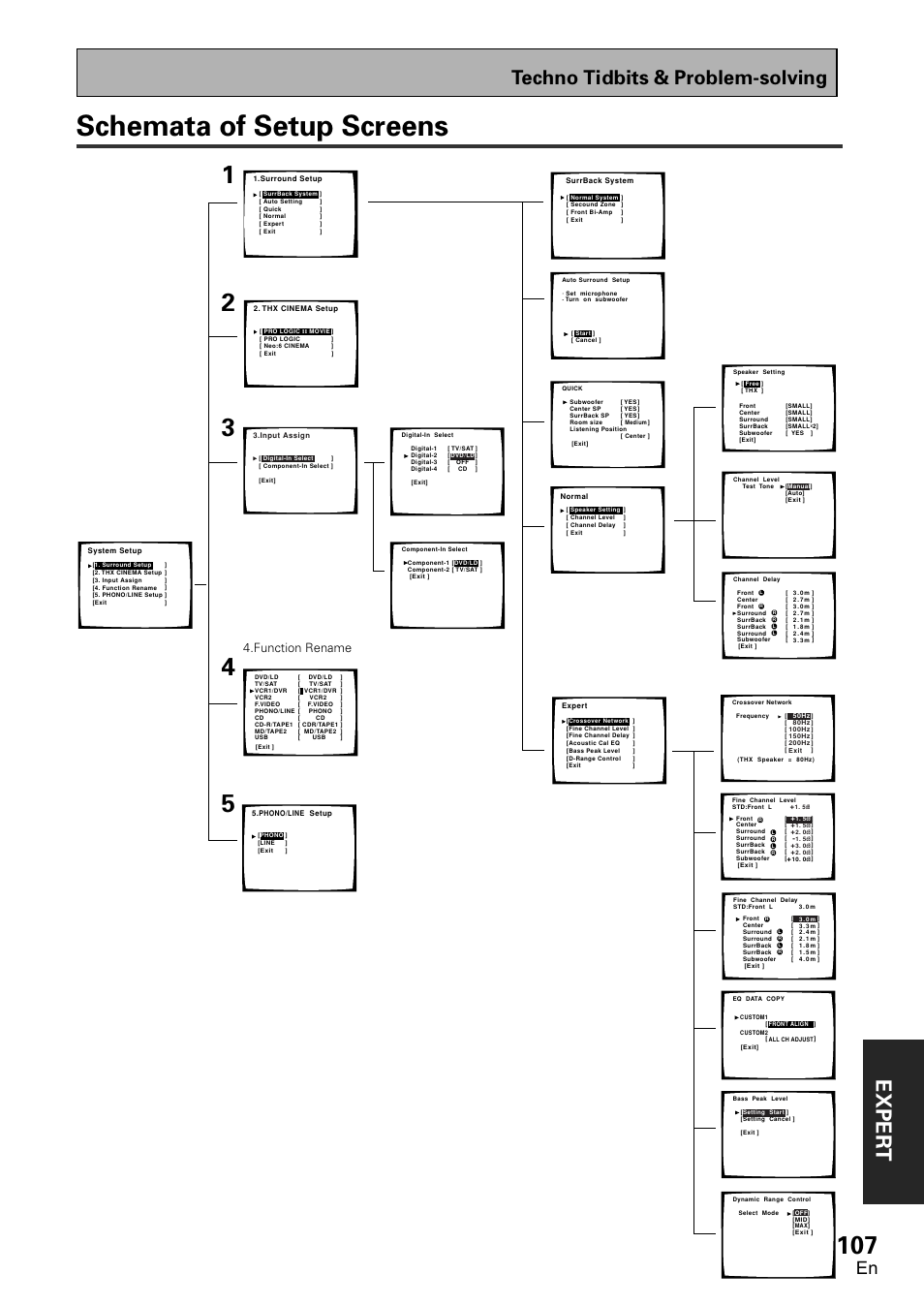 Schemata of setup screens, Exper t, Techno tidbits & problem-solving | Function rename | Pioneer VSX-D2011-G User Manual | Page 107 / 120