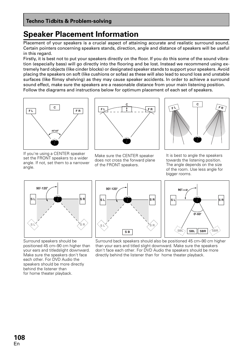 Speaker placement information, Techno tidbits & problem-solving | Pioneer VSX-D2011-G User Manual | Page 108 / 120