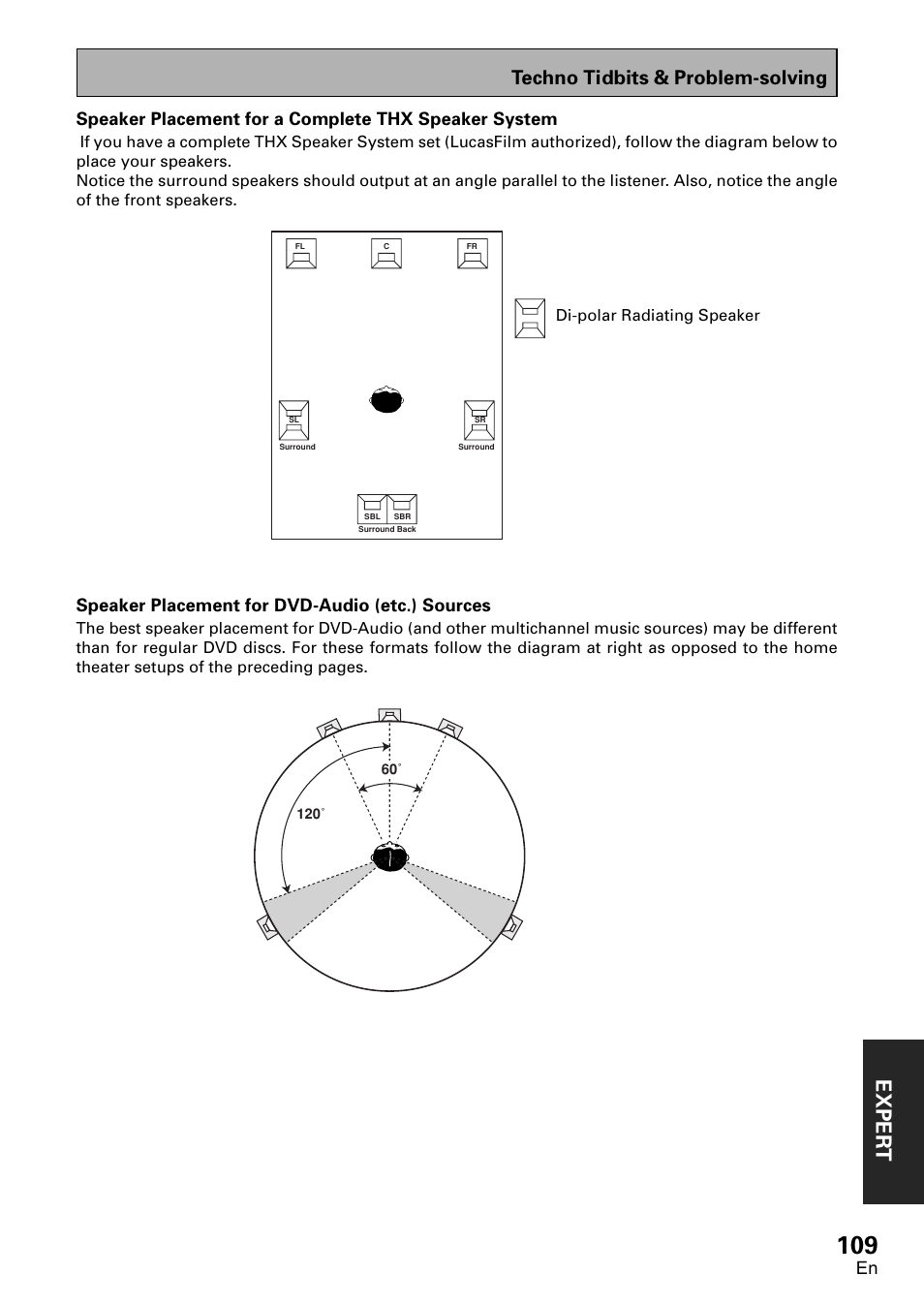 Exper t, Techno tidbits & problem-solving, Speaker placement for dvd-audio (etc.) sources | Pioneer VSX-D2011-G User Manual | Page 109 / 120