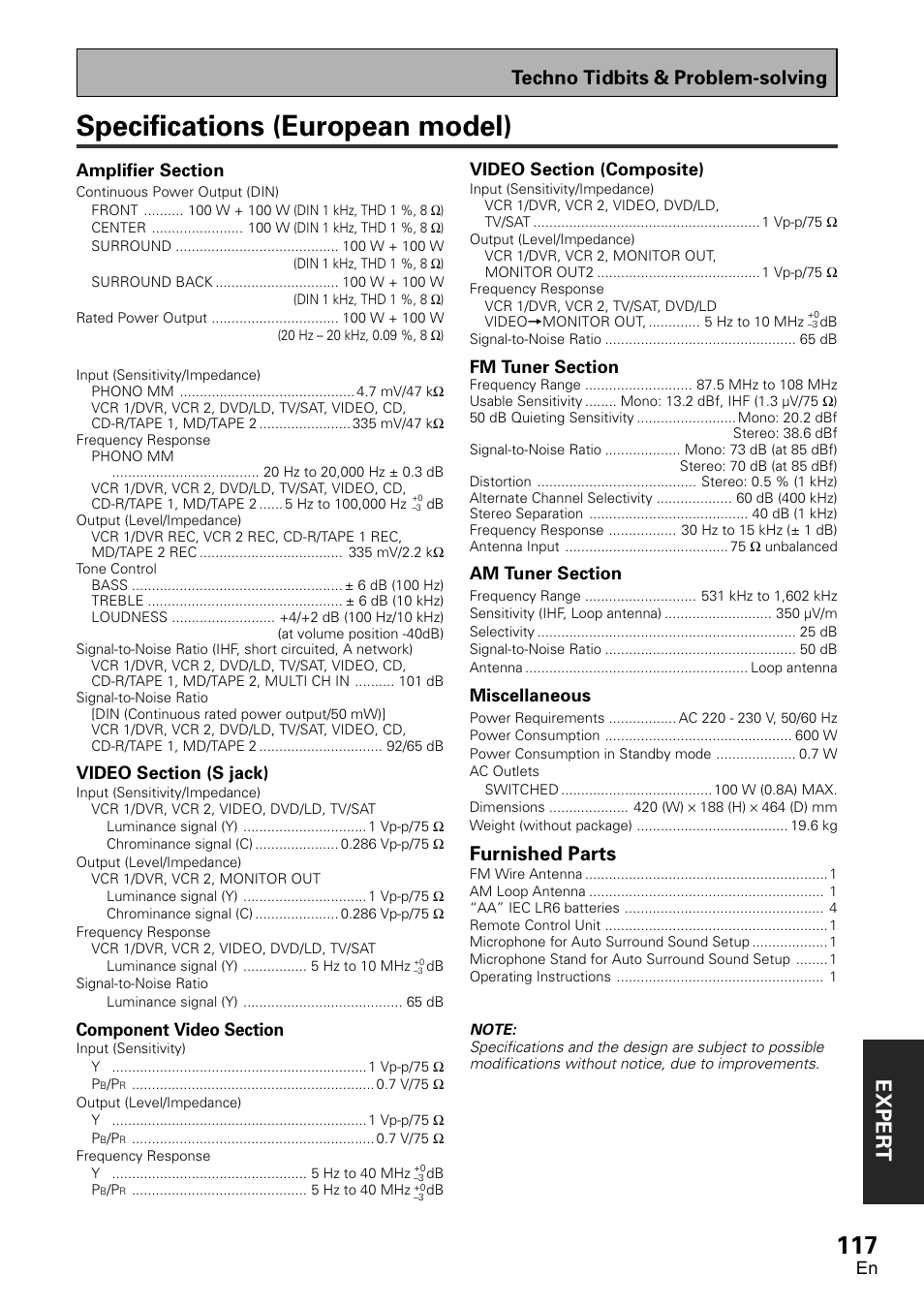 Specifications (european model), Exper t, Techno tidbits & problem-solving | Furnished parts, Miscellaneous | Pioneer VSX-D2011-G User Manual | Page 117 / 120