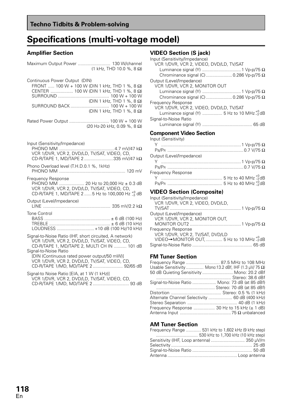 Specifications (multi-voltage model), Techno tidbits & problem-solving | Pioneer VSX-D2011-G User Manual | Page 118 / 120