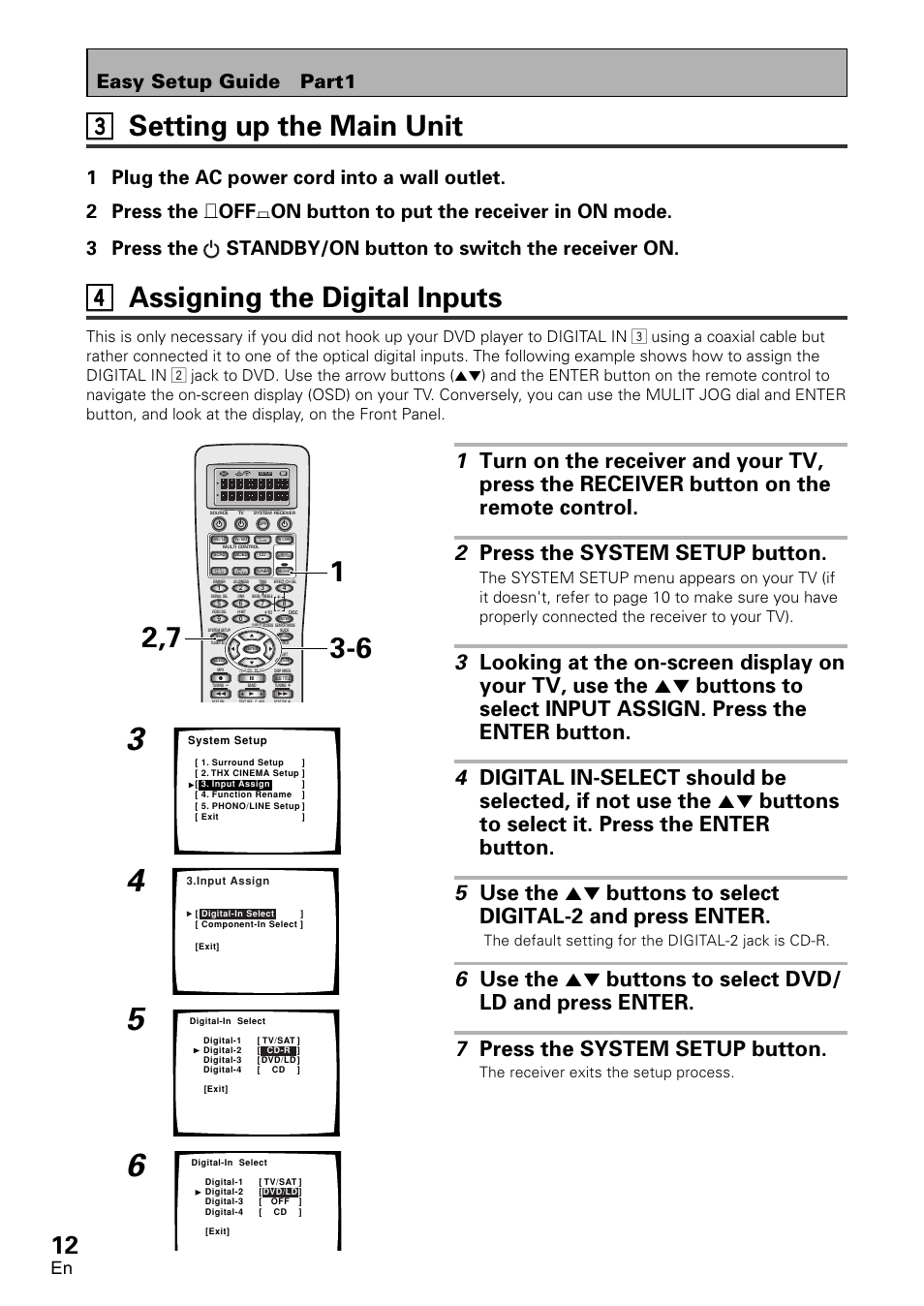 44 assigning the digital inputs, 33 setting up the main unit, Easy setup guide part1 | The default setting for the digital-2 jack is cd-r, The receiver exits the setup process | Pioneer VSX-D2011-G User Manual | Page 12 / 120