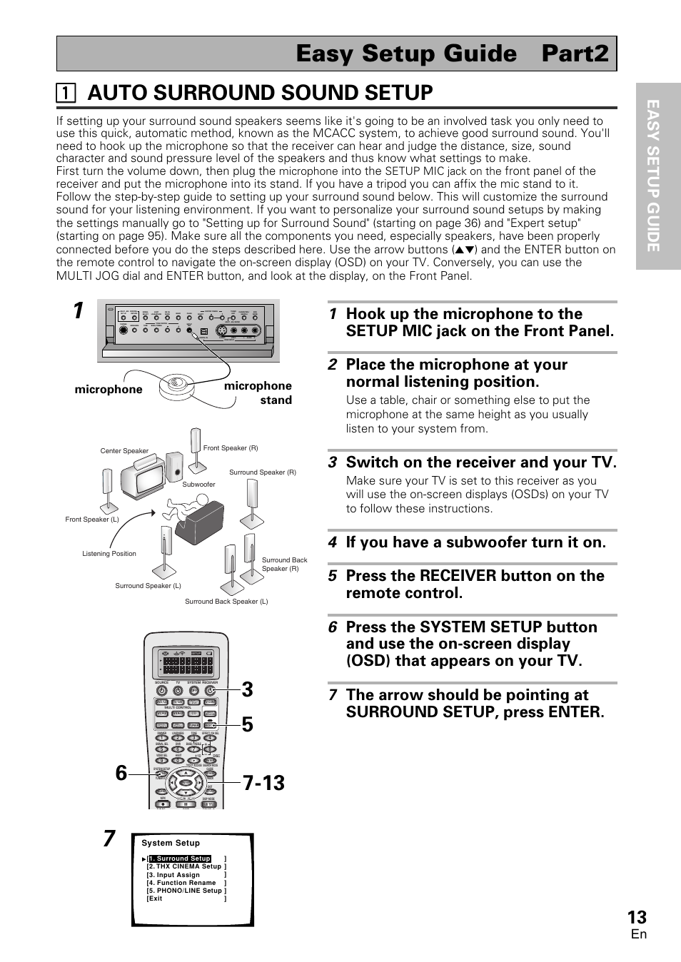 Easy setup guide part 2, 1 auto surround sound setup, Easy setup guide part2 | 11 auto surround sound setup, Easy setup guide, 3 switch on the receiver and your tv, Into the, Microphone stand, Microphone, Setup mic jack on the | Pioneer VSX-D2011-G User Manual | Page 13 / 120