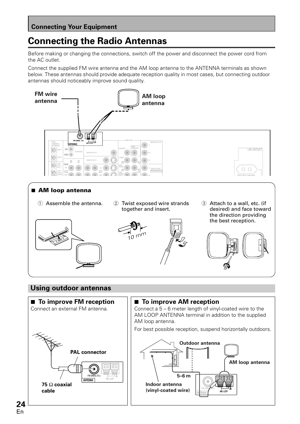 Connecting the radio antennas, Using outdoor antennas, 7 to improve am reception | 7 to improve fm reception, Connecting your equipment, 7 am loop antenna, Fm wire antenna am loop antenna, Connect an external fm antenna, 10 mm, 75 ω coaxial cable pal connector | Pioneer VSX-D2011-G User Manual | Page 24 / 120