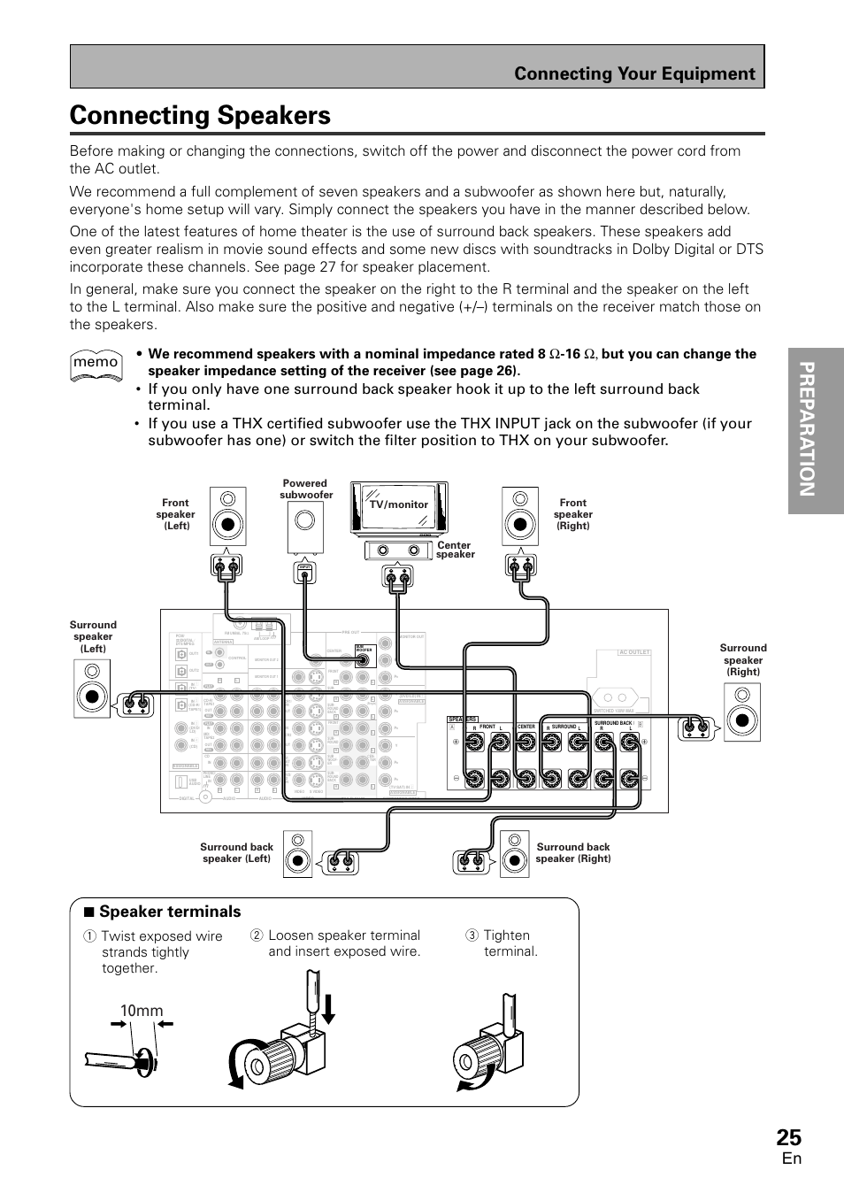 Connecting speakers, Prep ara tion prep ara tion, Connecting your equipment | 7 speaker terminals, 10mm | Pioneer VSX-D2011-G User Manual | Page 25 / 120