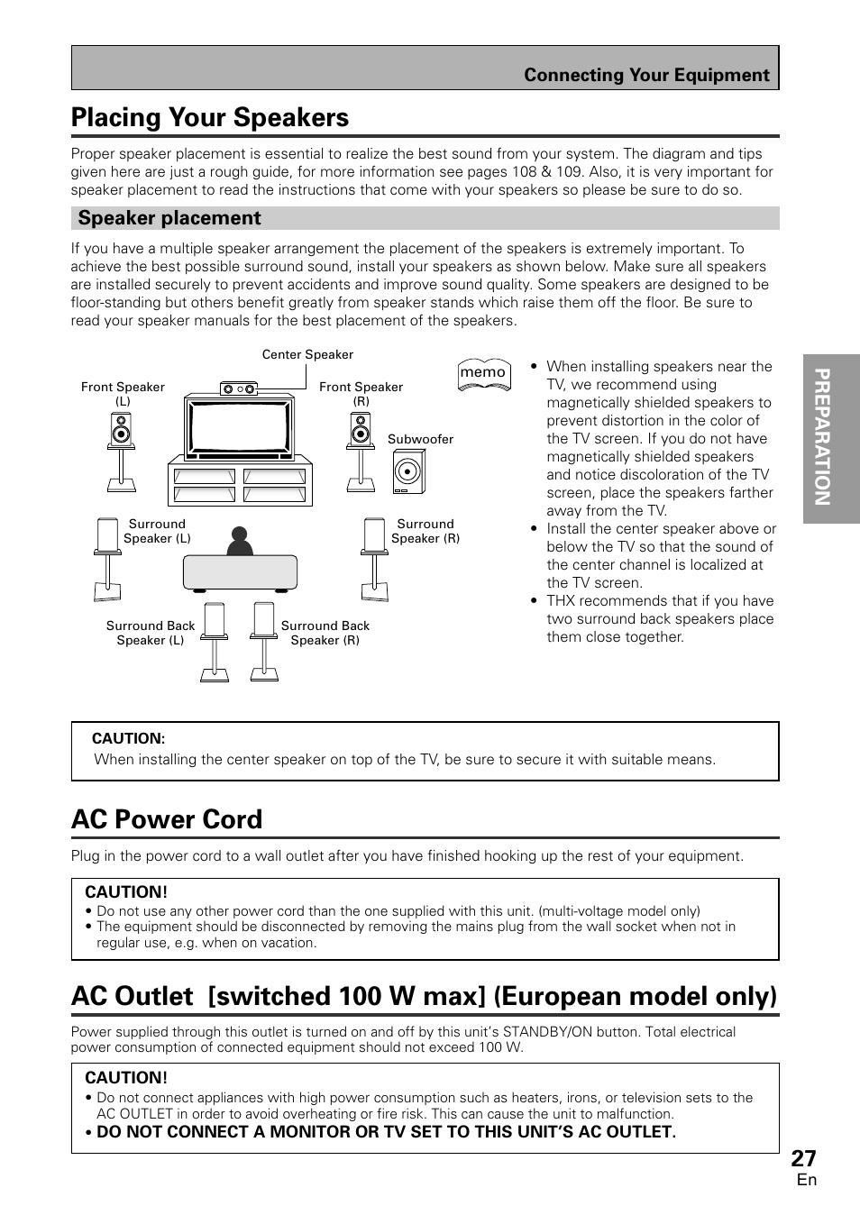 Placing your speakers, Speaker placement, Ac power cord ac outlet [switched 100w max | European model only), Ac power cord, Prep ara tion prep ara tion | Pioneer VSX-D2011-G User Manual | Page 27 / 120