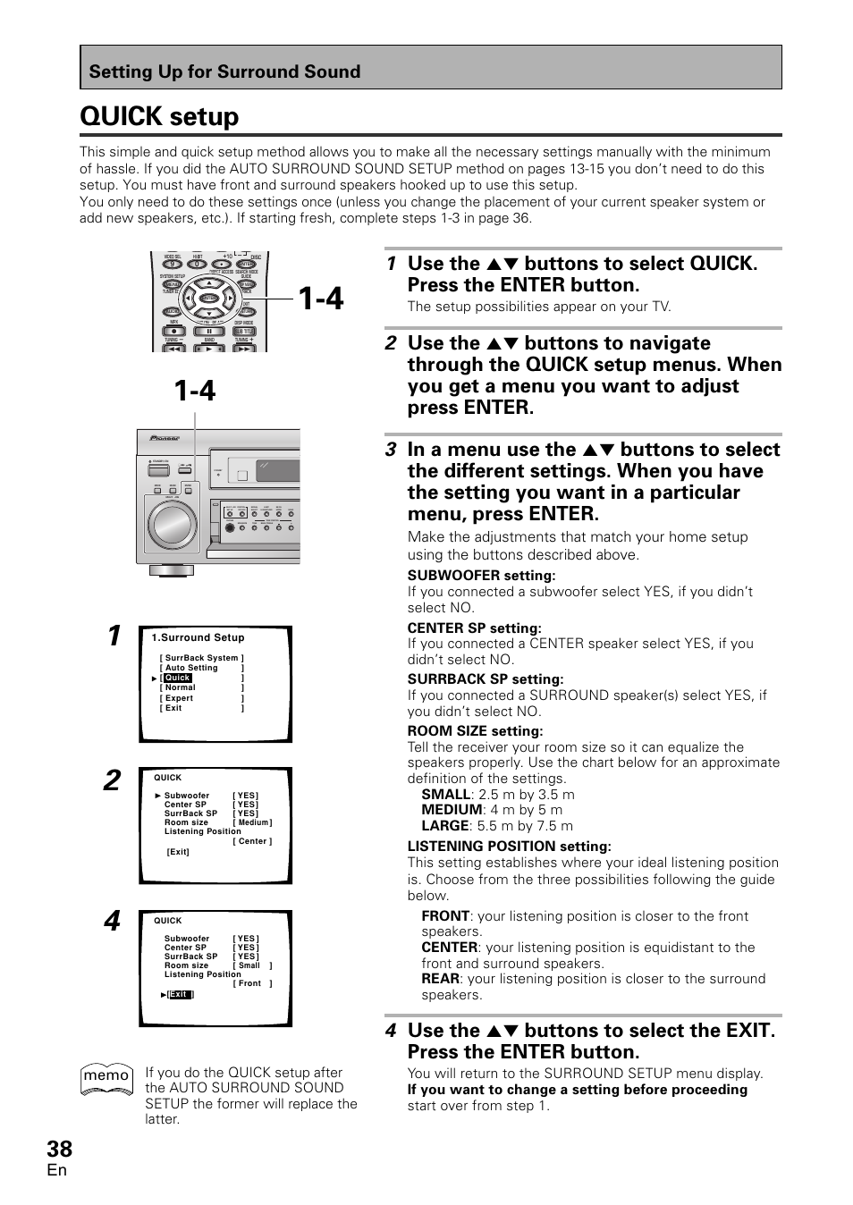 Quick setup, Setting up for surround sound | Pioneer VSX-D2011-G User Manual | Page 38 / 120