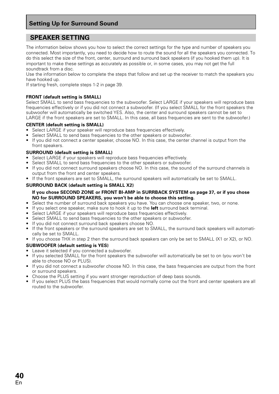 Speaker setting, Setting up for surround sound | Pioneer VSX-D2011-G User Manual | Page 40 / 120