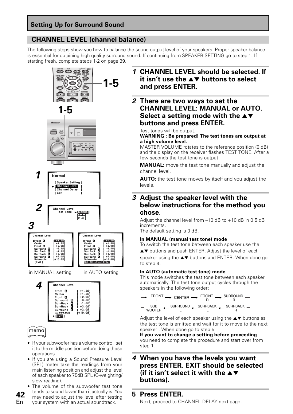 Channel level (channel balance), Setting up for surround sound, Next, proceed to channel delay next page | Pioneer VSX-D2011-G User Manual | Page 42 / 120