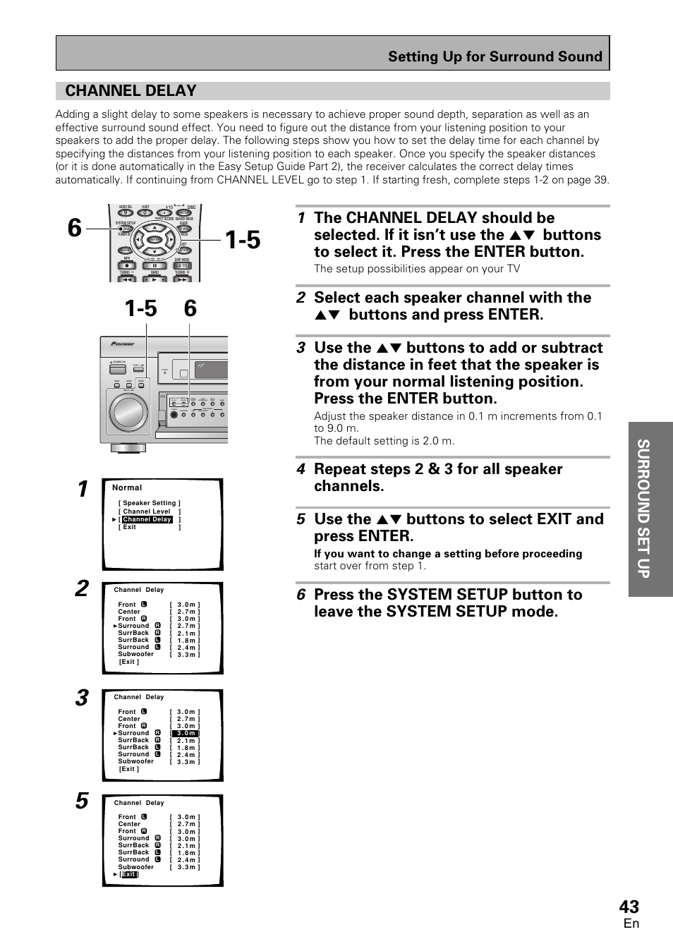 Channel delay, Surround set up, Setting up for surround sound | The setup possibilities appear on your tv | Pioneer VSX-D2011-G User Manual | Page 43 / 120
