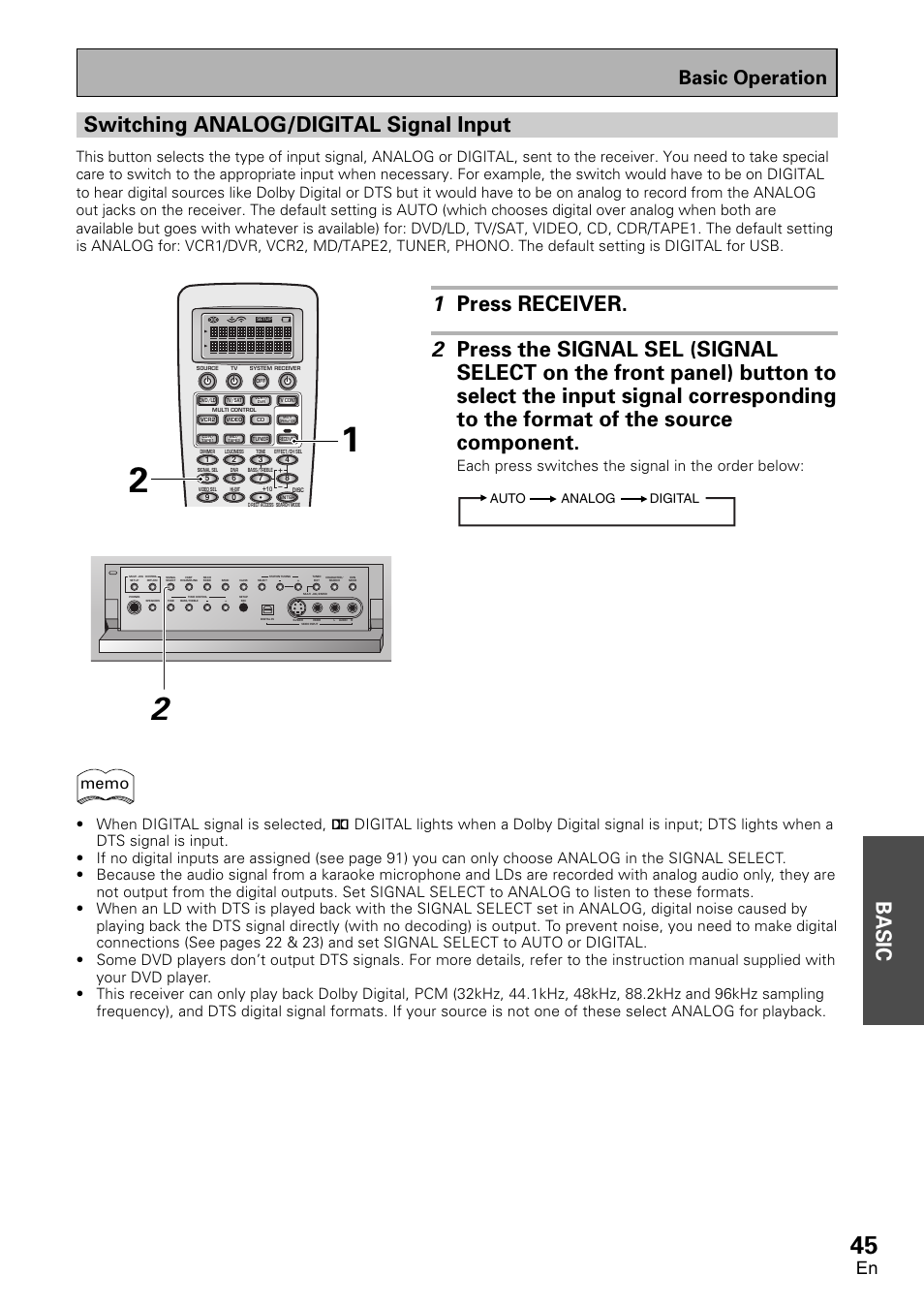 Switching analog/digital signal input, Basic, Basic operation | Each press switches the signal in the order below, Auto analog digital | Pioneer VSX-D2011-G User Manual | Page 45 / 120