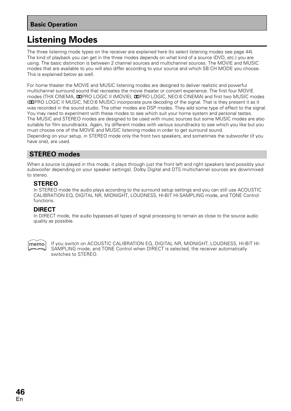 Listening modes, Stereo modes | Pioneer VSX-D2011-G User Manual | Page 46 / 120