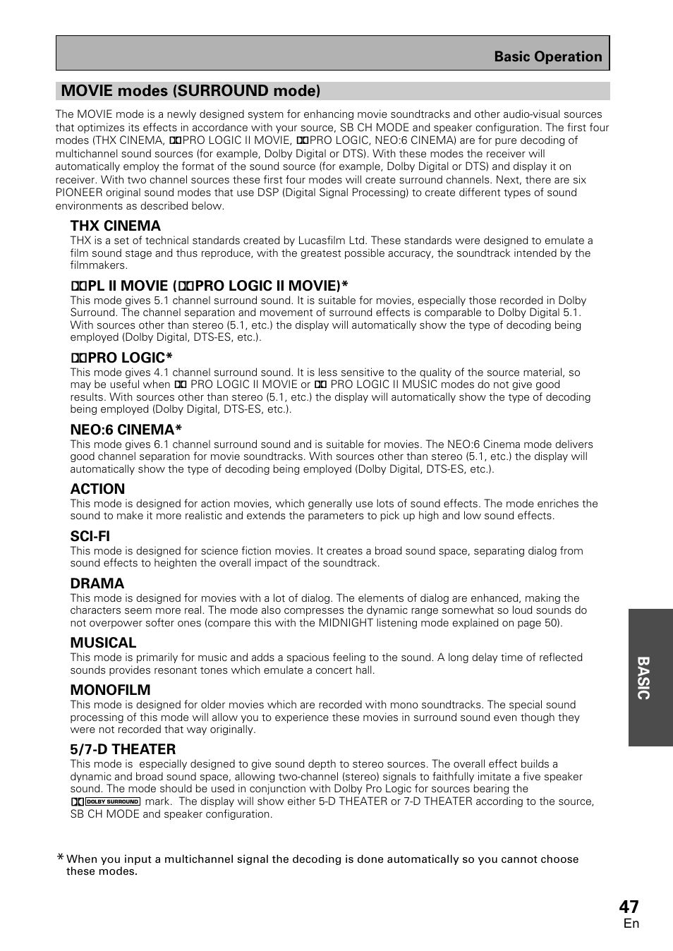 Movie modes (surround mode), Basic | Pioneer VSX-D2011-G User Manual | Page 47 / 120