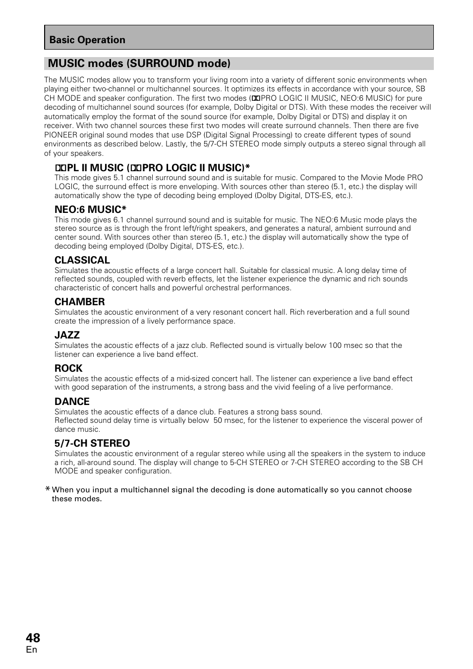 Music modes (surround mode) | Pioneer VSX-D2011-G User Manual | Page 48 / 120