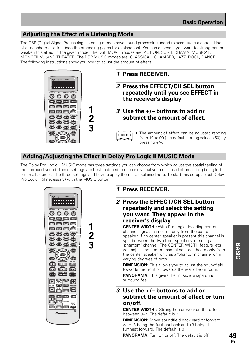 Dolby pro logic ii music mode, Basic, Adjusting the effect of a listening mode | Basic operation | Pioneer VSX-D2011-G User Manual | Page 49 / 120