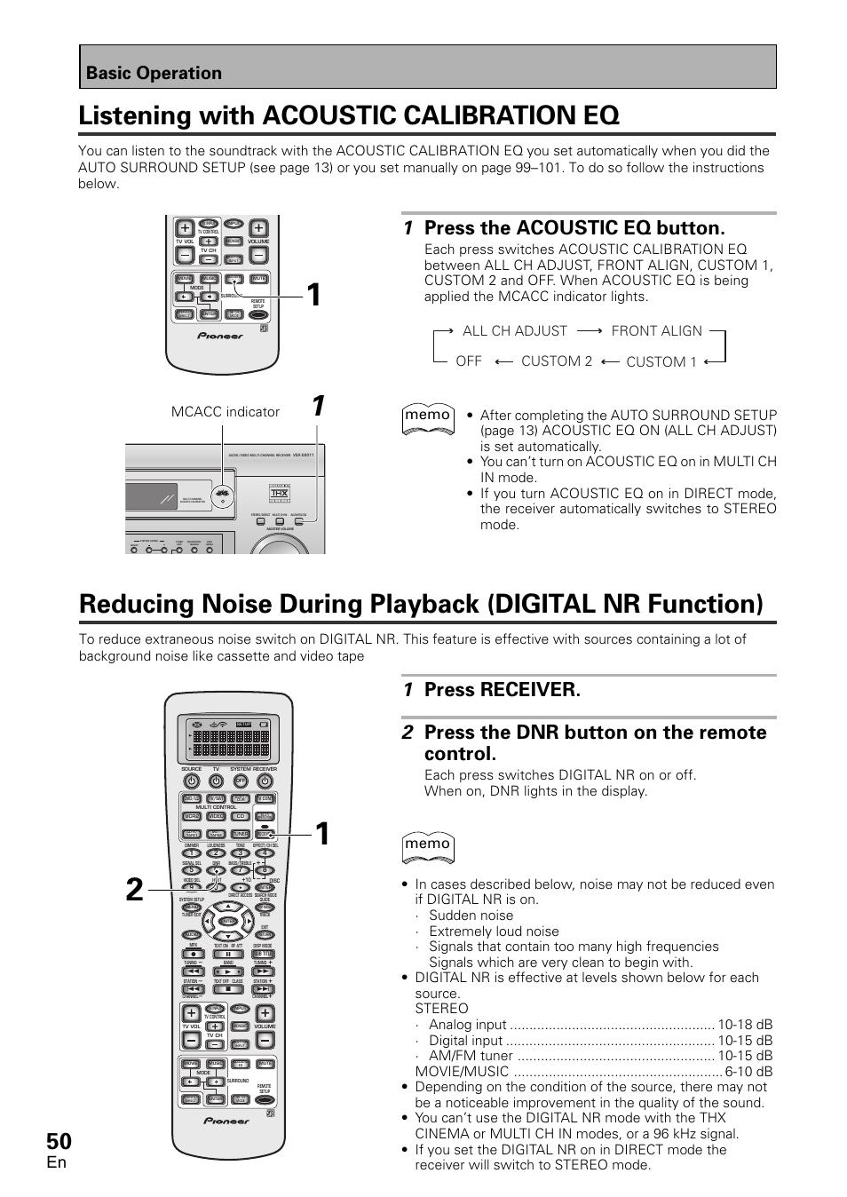 Digital nr function), Listening with acoustic calibration eq, 1 press the acoustic eq button | Basic operation | Pioneer VSX-D2011-G User Manual | Page 50 / 120