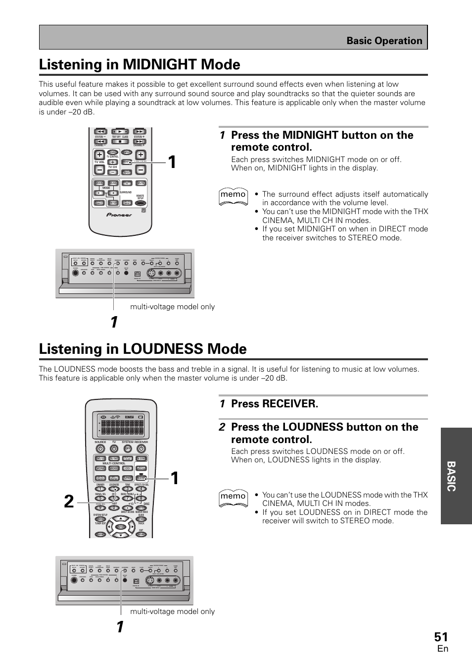 Listening in midnight mode, Listening in loudness mode, Basic | 1 press the midnight button on the remote control, Basic operation, Multi-voltage model only | Pioneer VSX-D2011-G User Manual | Page 51 / 120