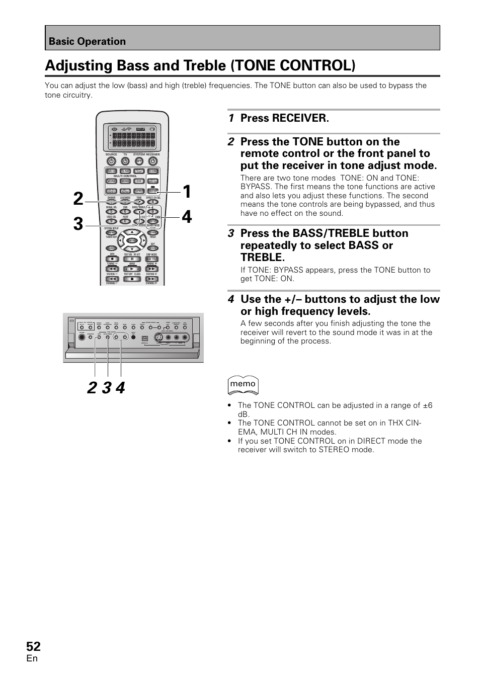 Adjusting bass and treble (tone control), Basic operation | Pioneer VSX-D2011-G User Manual | Page 52 / 120