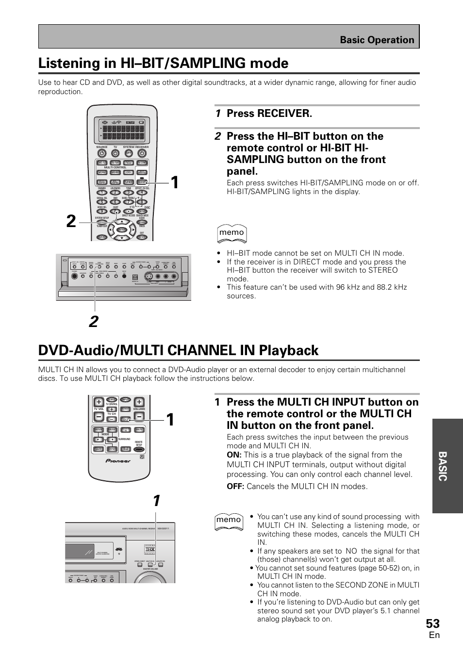 Listening in hi-bit/sampling mode, Dvd-audio/multi channel in playback, Listening in hi–bit/sampling mode | Basic, Basic operation | Pioneer VSX-D2011-G User Manual | Page 53 / 120