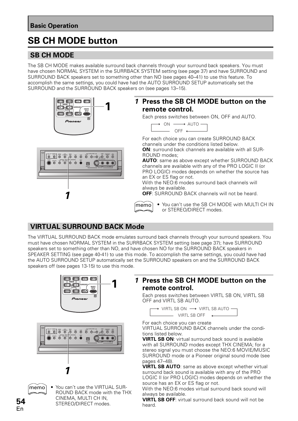Sb ch mode button, Sb ch mode, Virtual surround back mode | Basic operation, On auto virtl sb, Virtl sb on virtl sb auto | Pioneer VSX-D2011-G User Manual | Page 54 / 120