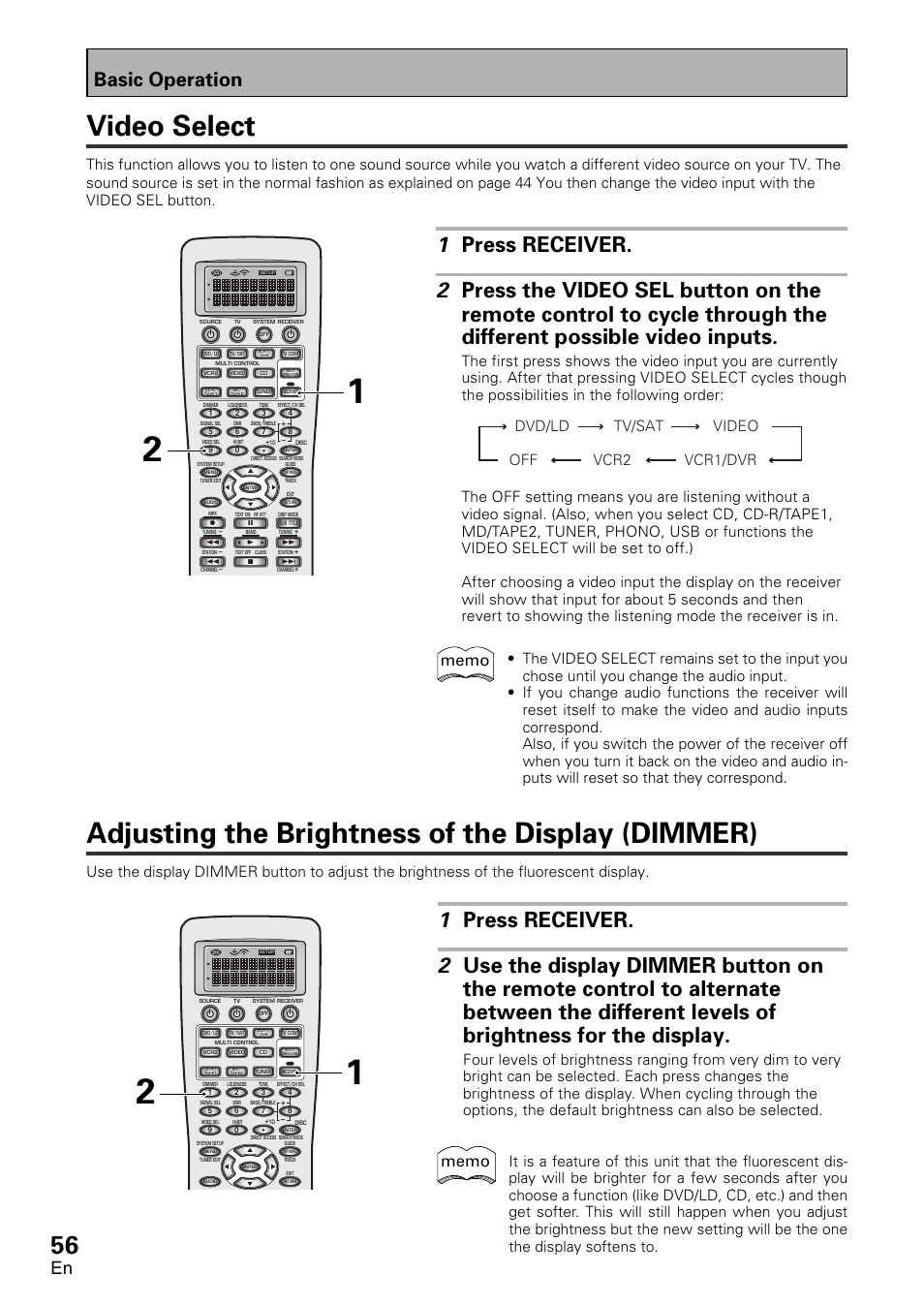 Video select, Adjusting the brightness of the display (dimmer), Basic operation | Dvd/ld tv/sat off video vcr2 vcr1/dvr | Pioneer VSX-D2011-G User Manual | Page 56 / 120