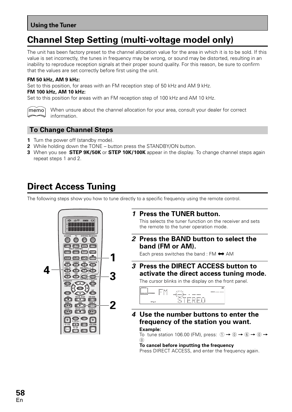 Channel step setting (multi-voltage model only), To change channel steps, Multi-voltage model only) | Direct access tuning, 1 press the tuner button, Using the tuner, Each press switches the band : fm j am | Pioneer VSX-D2011-G User Manual | Page 58 / 120