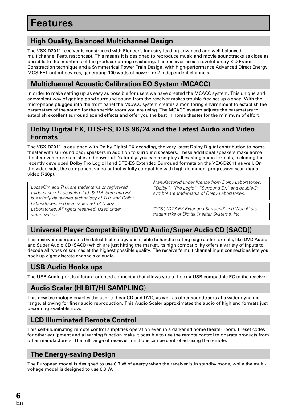 Features | Pioneer VSX-D2011-G User Manual | Page 6 / 120