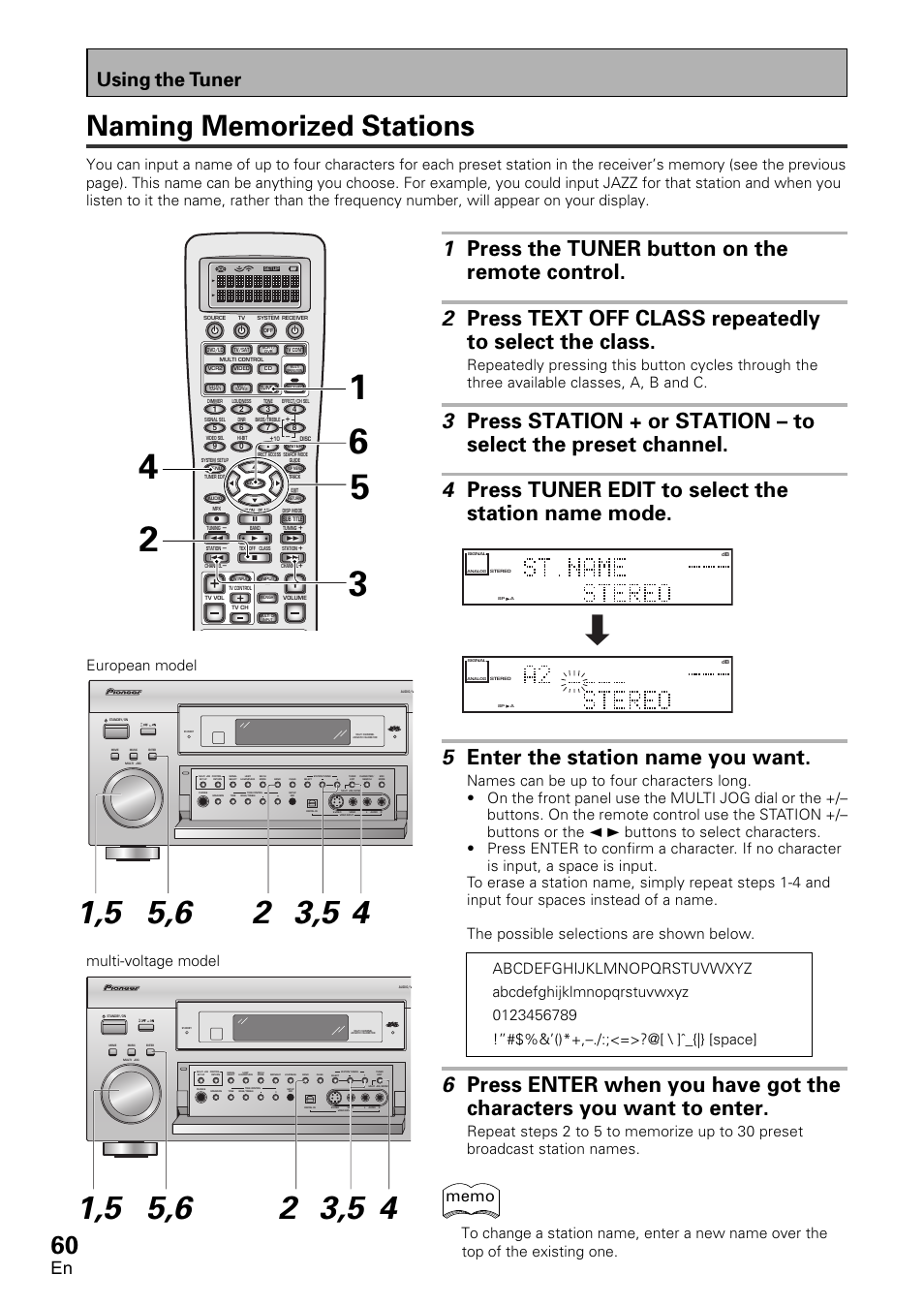 Naming memorized stations, 5 enter the station name you want, Using the tuner | European model multi-voltage model | Pioneer VSX-D2011-G User Manual | Page 60 / 120