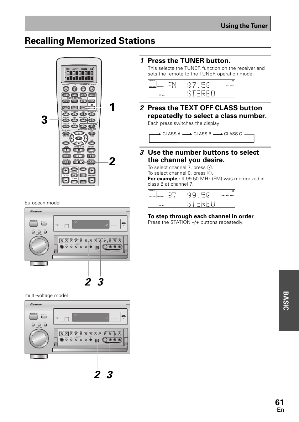 Recalling memorized stations, Basic, 1 press the tuner button | Using the tuner, Each press switches the display, Press the station –/+ buttons repeatedly, European model multi-voltage model, Class a class b class c | Pioneer VSX-D2011-G User Manual | Page 61 / 120