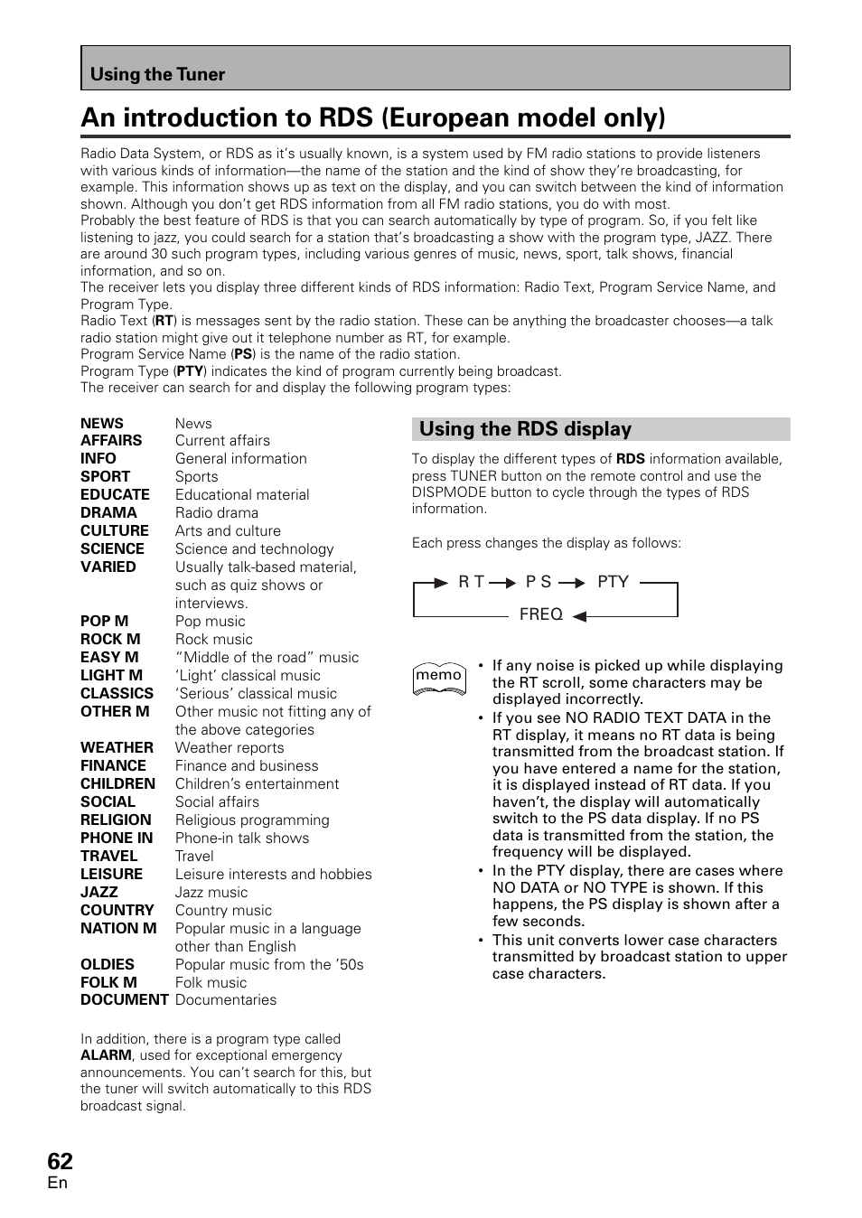 An introduction to rds (european model only), Using the rds display, Using the tuner | Pioneer VSX-D2011-G User Manual | Page 62 / 120