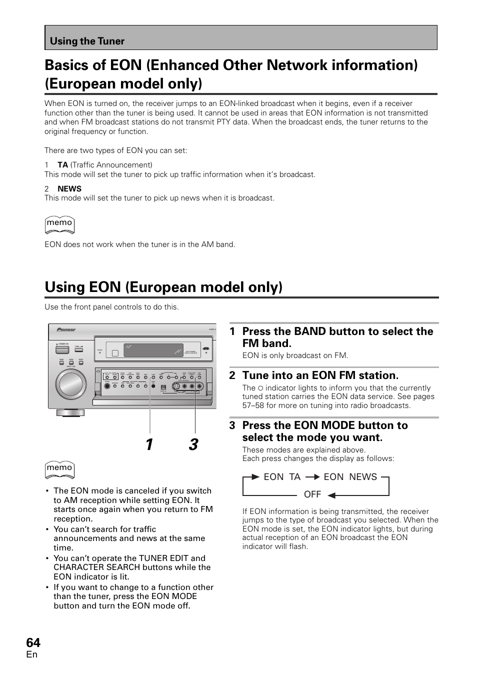 Basics of eon (enhanced other network, Using eon (european model only), 1 press the band button to select the fm band | 2 tune into an eon fm station, Using the tuner, Eon news off eon ta, Use the front panel controls to do this, Eon is only broadcast on fm | Pioneer VSX-D2011-G User Manual | Page 64 / 120