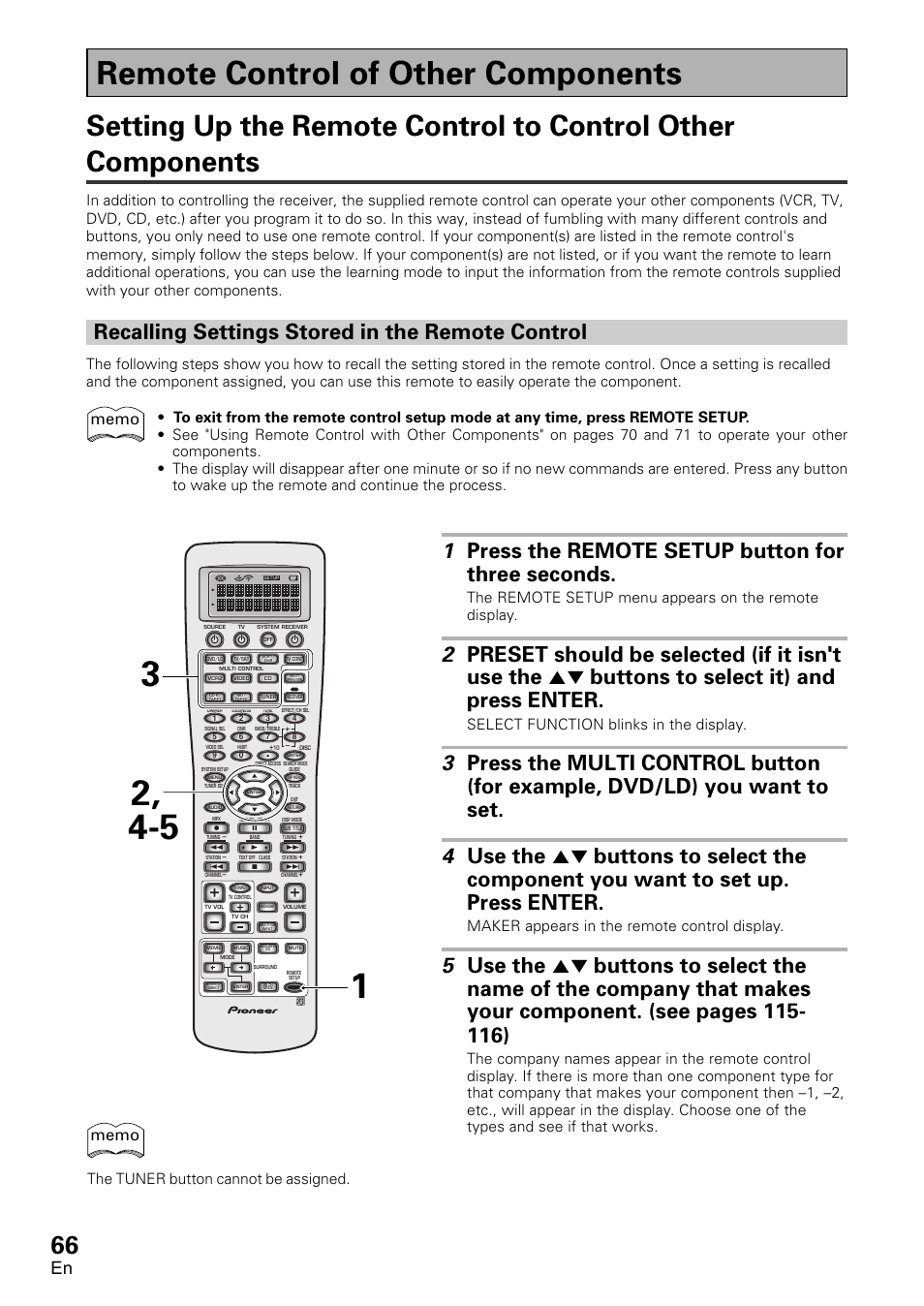 Remote control of other components, Setting up the remote control to control other, Components | Recalling settings stored in the, Remote control, 1 press the remote setup button for three seconds, Recalling settings stored in the remote control, Select function blinks in the display, Maker appears in the remote control display, The tuner button cannot be assigned | Pioneer VSX-D2011-G User Manual | Page 66 / 120