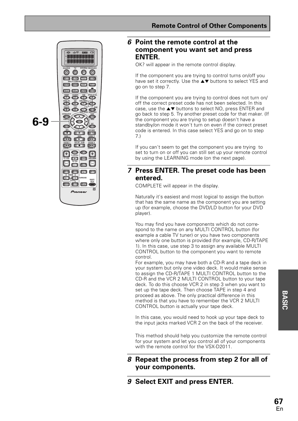 Basic, 7 press enter. the preset code has been entered, Remote control of other components | Pioneer VSX-D2011-G User Manual | Page 67 / 120