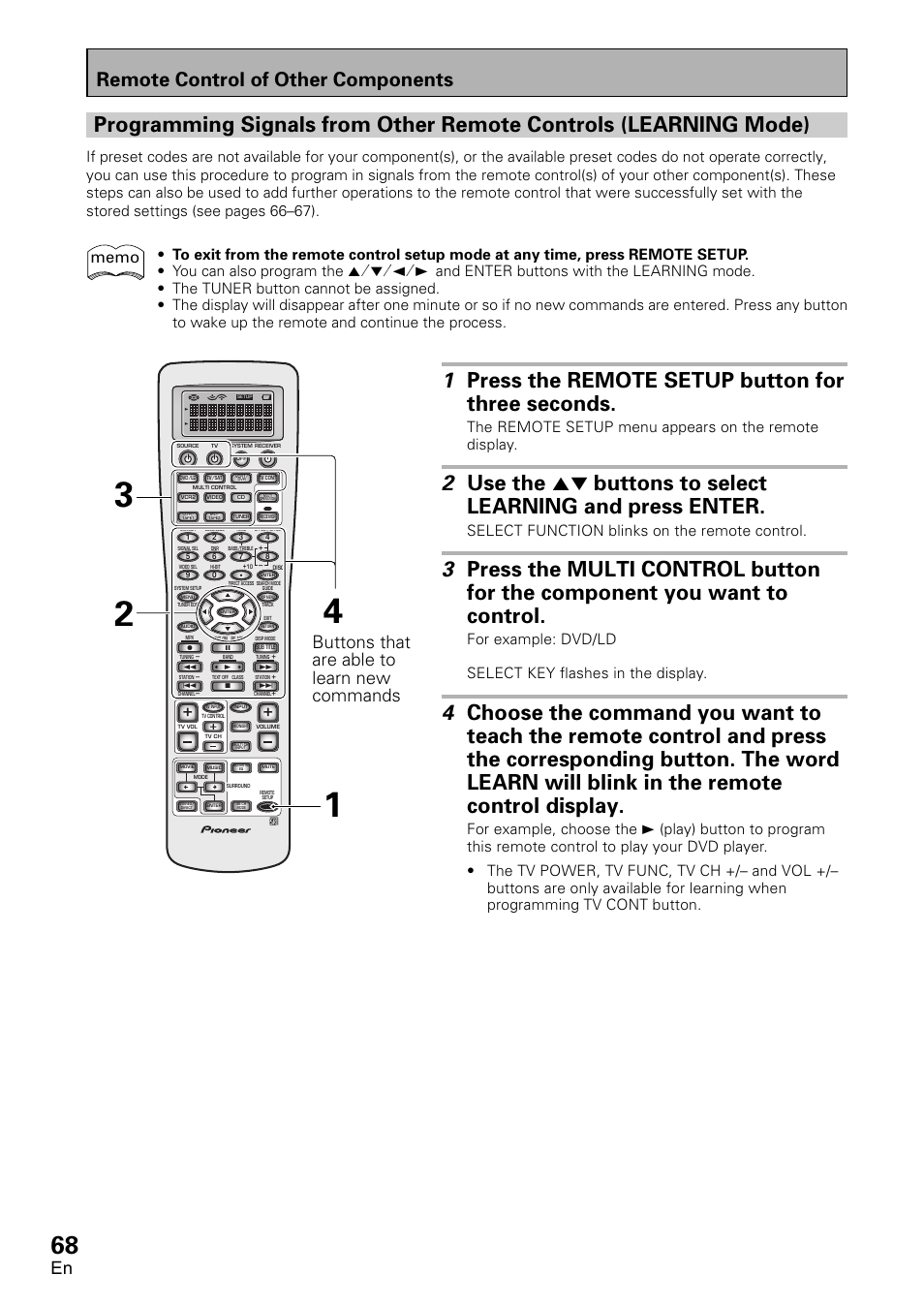 1 press the remote setup button for three seconds, Remote control of other components, Buttons that are able to learn new commands | Select function blinks on the remote control | Pioneer VSX-D2011-G User Manual | Page 68 / 120