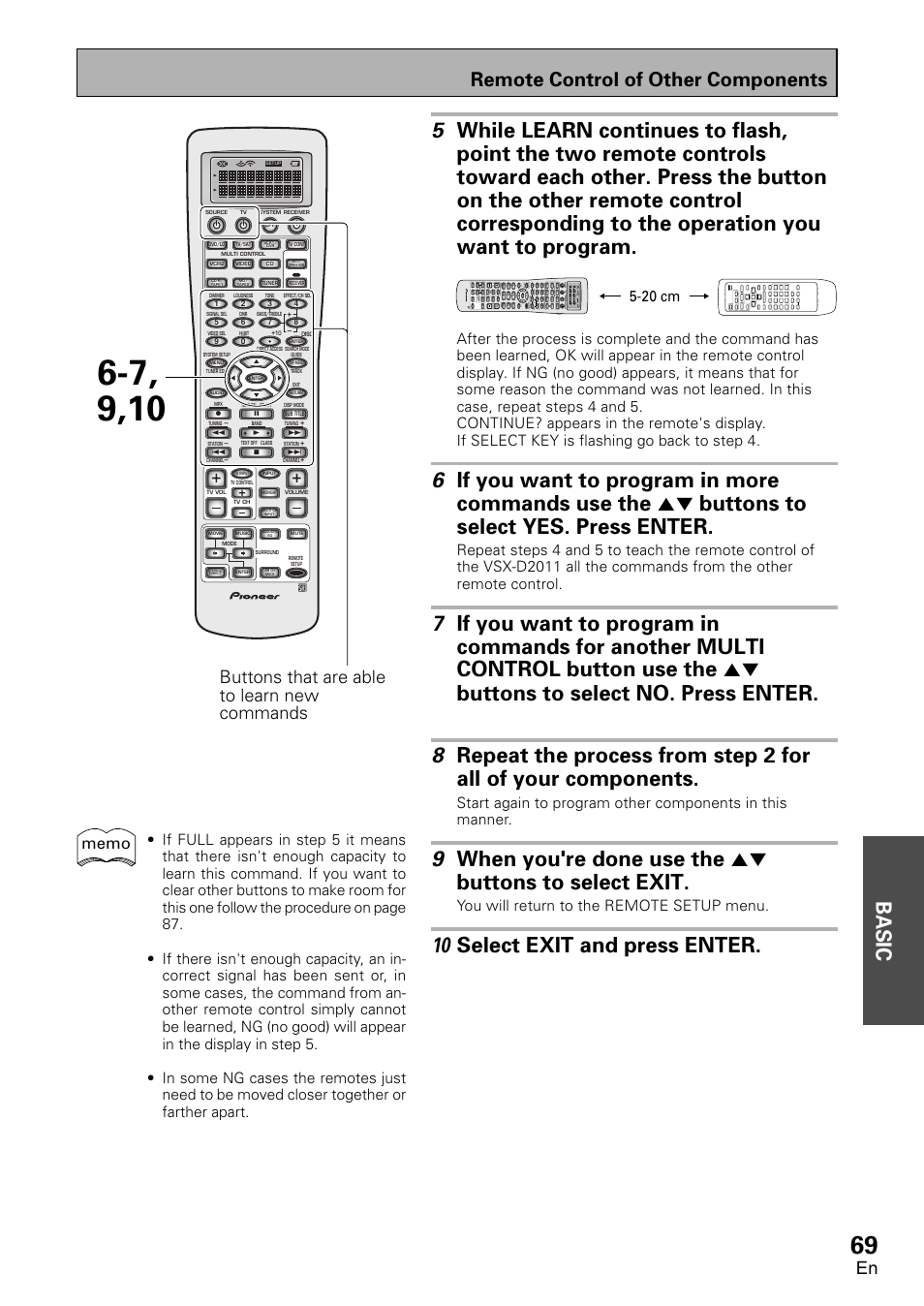 Basic, 10 select exit and press enter, Remote control of other components | Buttons that are able to learn new commands, You will return to the remote setup menu, Input att, Loudness, Speaker a/b, Video sel, Signal sel | Pioneer VSX-D2011-G User Manual | Page 69 / 120