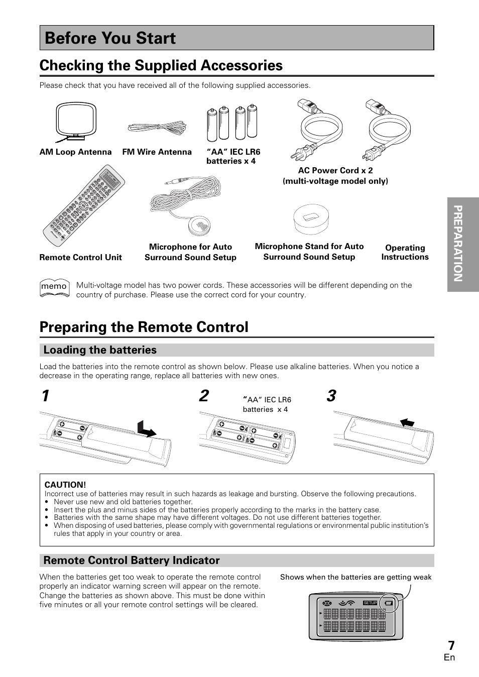 Before you start, Checking the supplied accessories, Preparing the remote control | Prep ara tion prep ara tion prep ara t ion, Remote control battery indicator, Loading the batteries | Pioneer VSX-D2011-G User Manual | Page 7 / 120