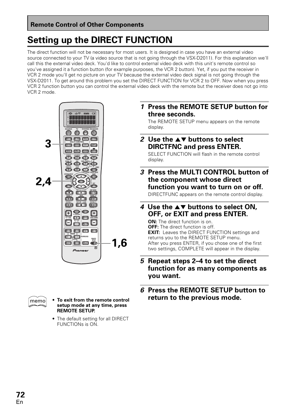 Setting up the direct function, 1 press the remote setup button for three seconds, Remote control of other components | Directfunc appears on the remote control display | Pioneer VSX-D2011-G User Manual | Page 72 / 120