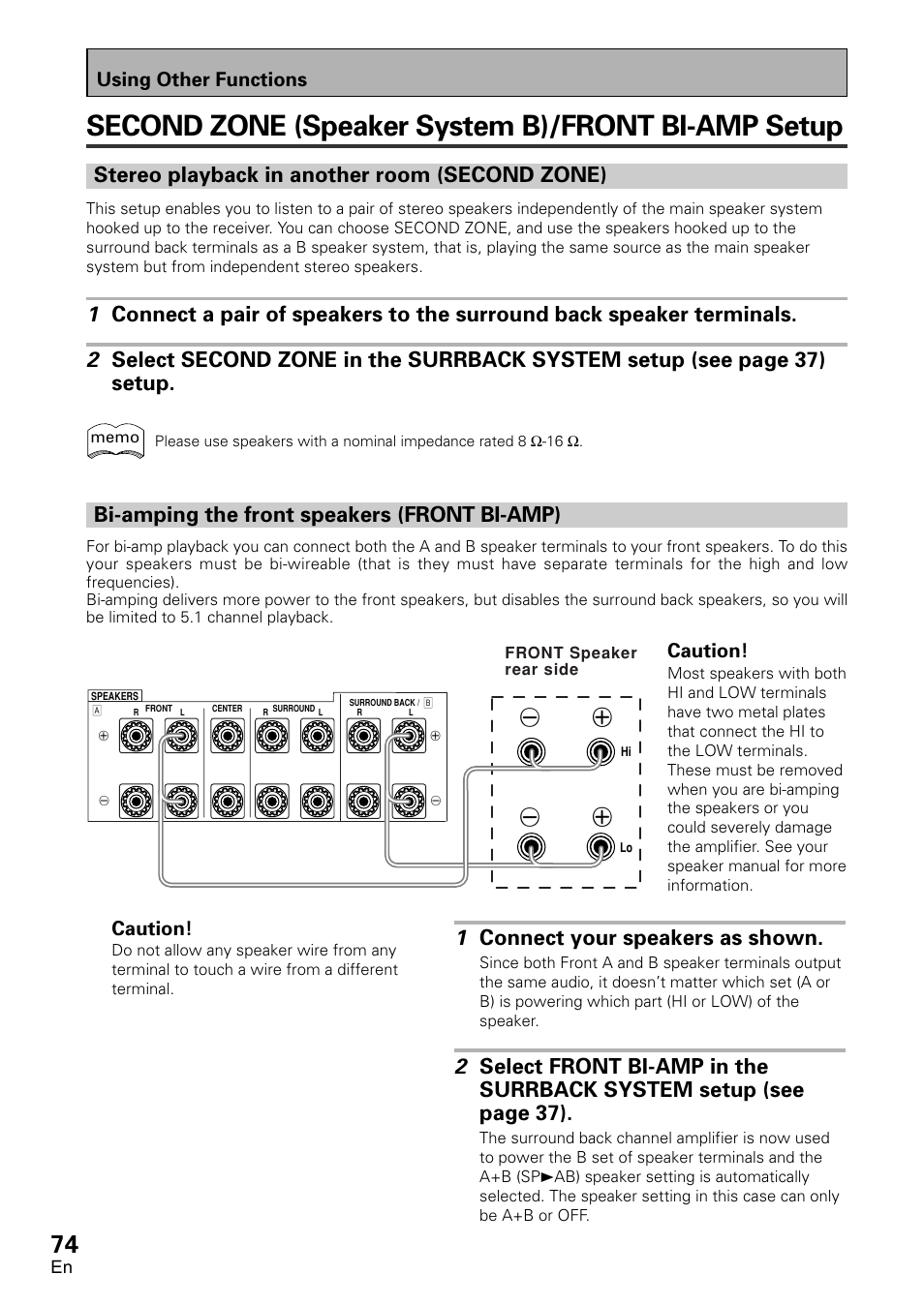 Second zone (speaker system b), Front bi-amp setup, Stereo playback in another room | Second zone), Bi-amping the front speakers (front bi-amp), Second zone (speaker system b)/front bi-amp setup, Stereo playback in another room (second zone), 1 connect your speakers as shown, Using other functions, Caution | Pioneer VSX-D2011-G User Manual | Page 74 / 120