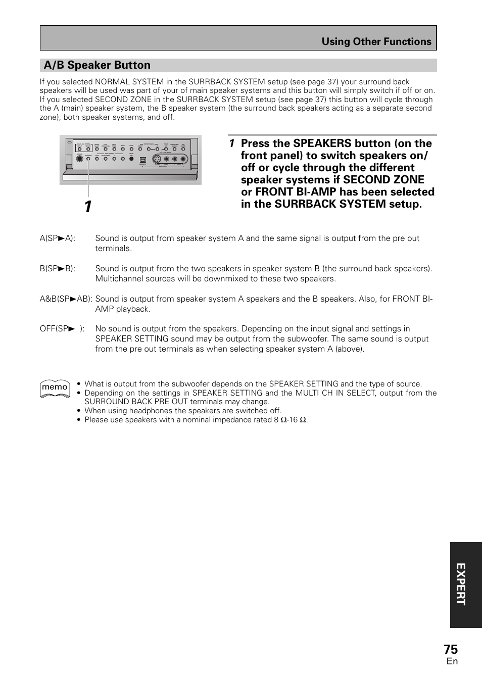 A/b speaker button, Exper t, Using other functions | Pioneer VSX-D2011-G User Manual | Page 75 / 120