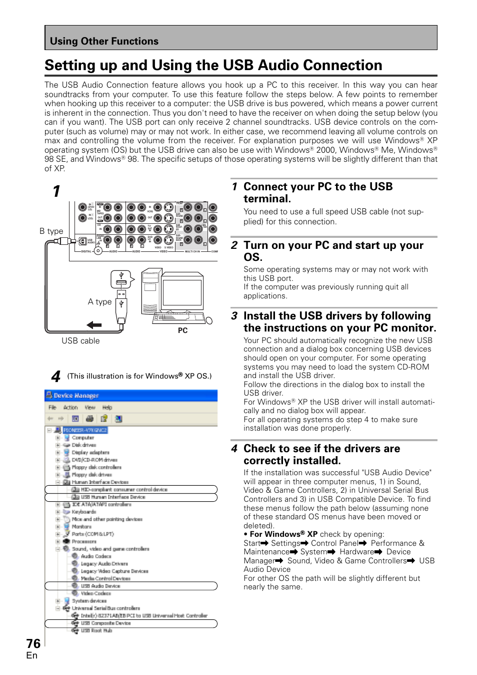 Setting up and using the usb audio connection, 1 connect your pc to the usb terminal, 2 turn on your pc and start up your os | Using other functions, 2000, windows, Me, windows, 98 se, and windows, B type a type usb cable | Pioneer VSX-D2011-G User Manual | Page 76 / 120