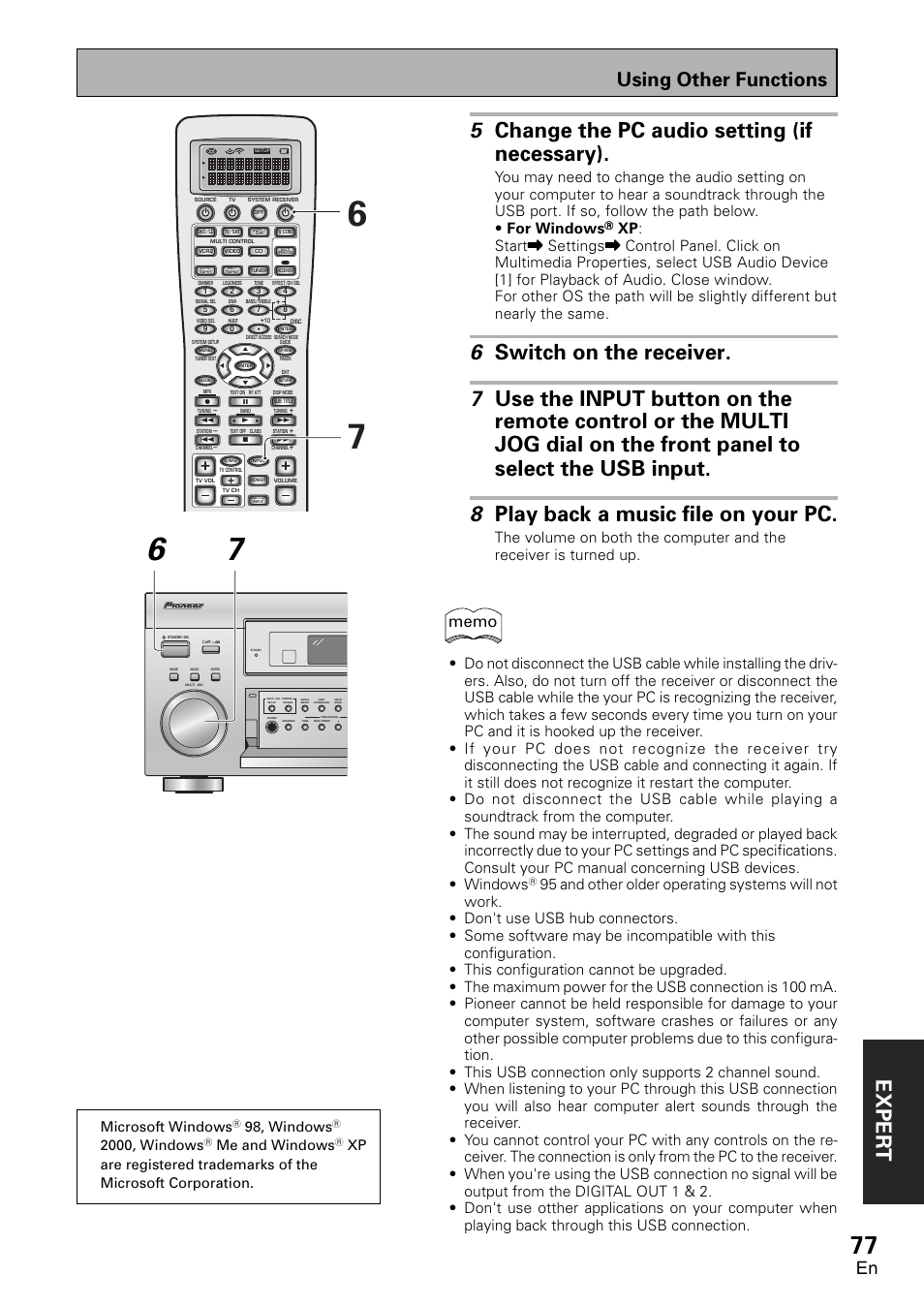 Exper t, 5 change the pc audio setting (if necessary), Using other functions | Microsoft windows, 98, windows, 2000, windows, Me and windows | Pioneer VSX-D2011-G User Manual | Page 77 / 120