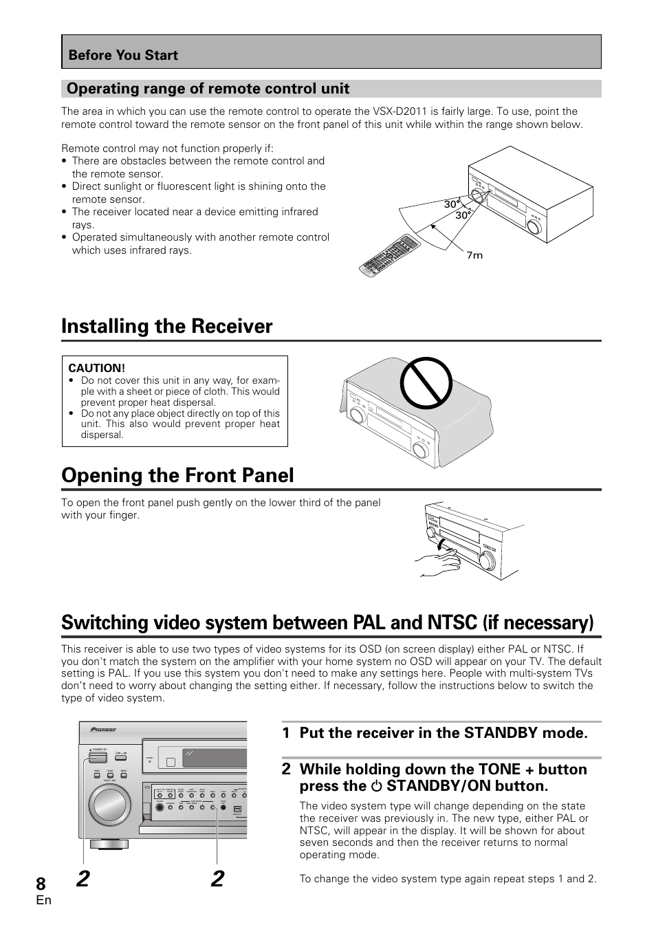 Operating range of remote control unit, Installing the receiver opening the front panel, Switching video system between pal and ntsc (if | Necessary), 1 put the receiver in the standby mode, Before you start | Pioneer VSX-D2011-G User Manual | Page 8 / 120