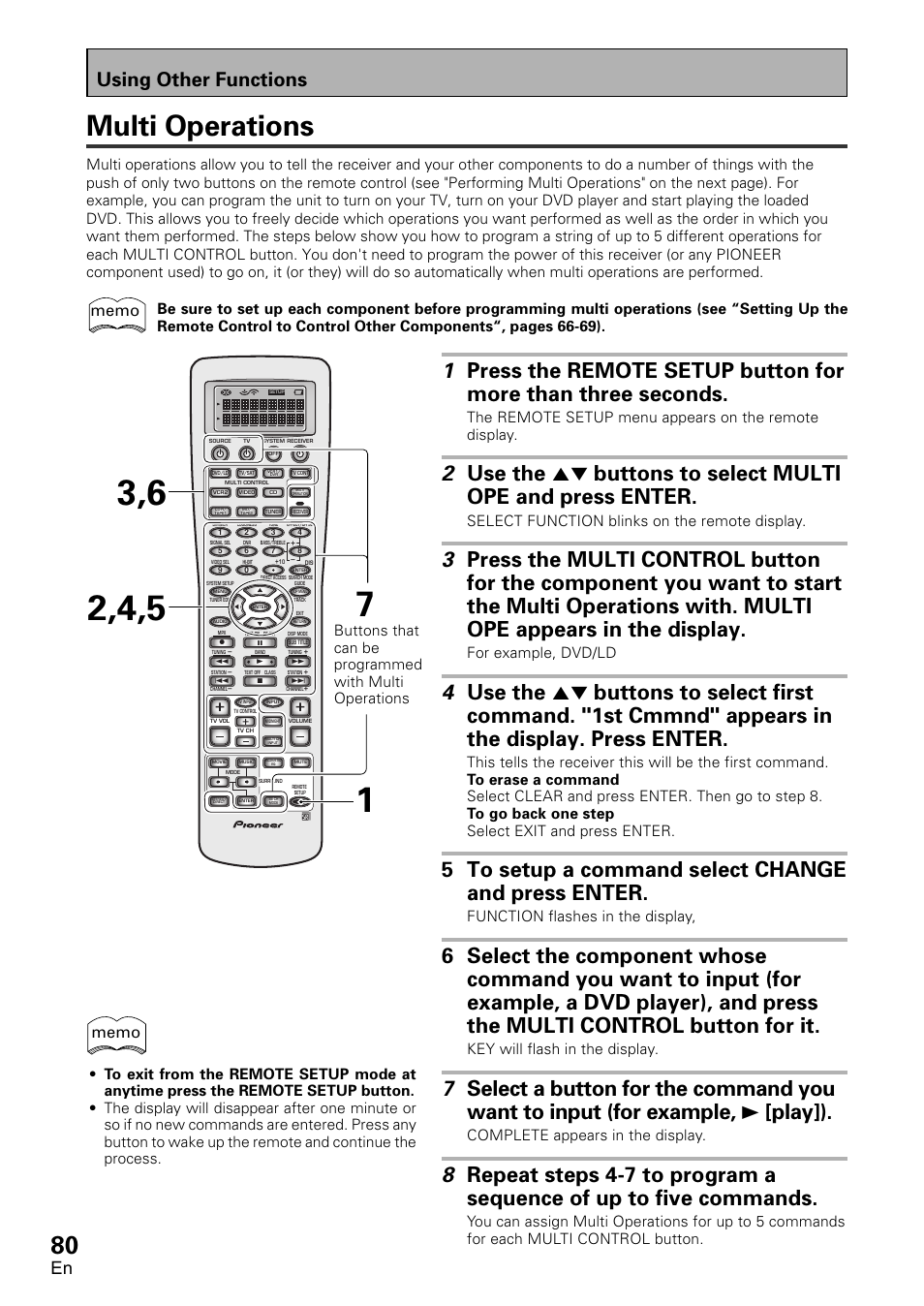 Multi operations, 5 to setup a command select change and press enter, Using other functions | Select function blinks on the remote display, For example, dvd/ld, Function flashes in the display, Key will flash in the display, Complete appears in the display | Pioneer VSX-D2011-G User Manual | Page 80 / 120