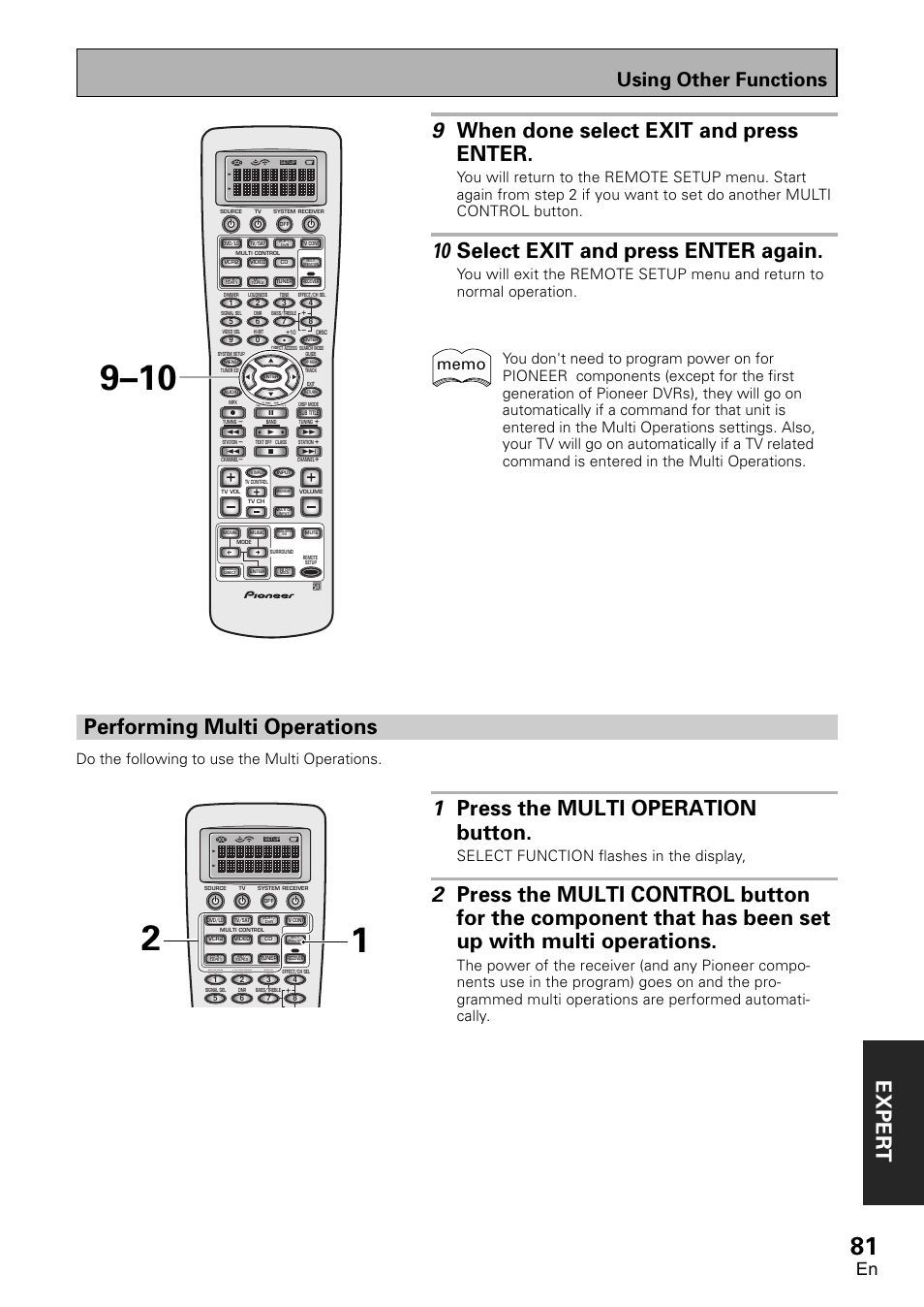 Performing multi operations, Exper t, 1 press the multi operation button | 9 when done select exit and press enter, 10 select exit and press enter again, Using other functions, Do the following to use the multi operations, Select function flashes in the display | Pioneer VSX-D2011-G User Manual | Page 81 / 120